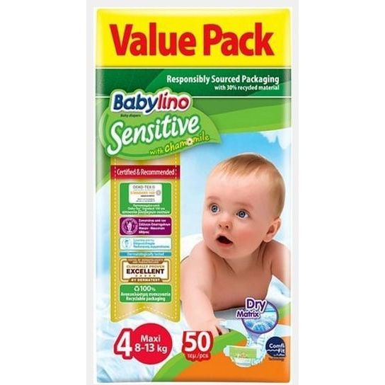Babylino No.4 Sensitive with Chamomile Πάνες με Αυτοκόλλητο για 8-13kg 50τμχ (5201263082580)