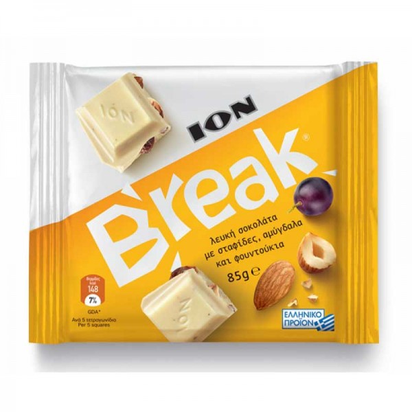Σοκολάτα Break Λευκή με Σταφίδες , Αμύγδαλα & Φουντούκια 85gr 12τ (5201127049414)