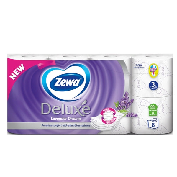 Zewa Deluxe Lavender Dreams Sanitary Paper 8 Rolls 3 Sheets 7m (7322540409864)