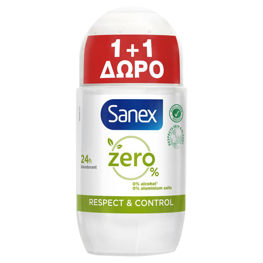 Sanex Zero % Respect & Control Αποσμητικό Roll-On 50ml 1+1 ΔΩΡΟ (8718951611849)