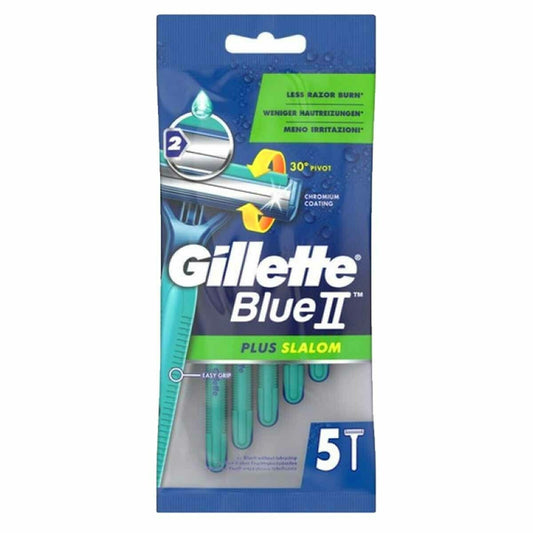 Gillette Blue II Slalom Plus Disposable Razors with 2 Blades and Lubricating Tape 5pcs 20t (7702018466726)