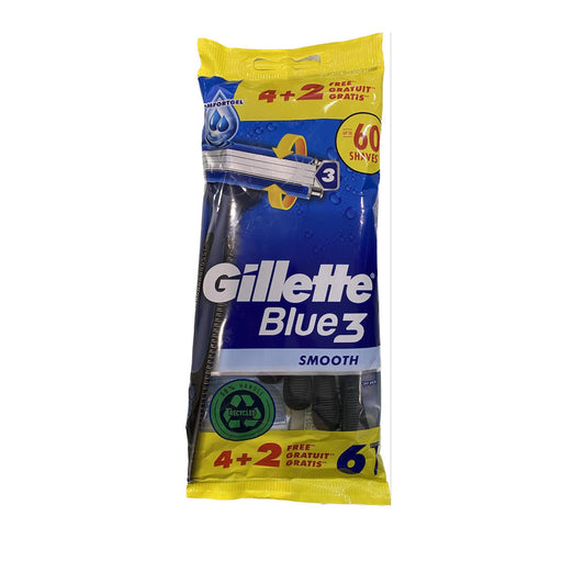 Gillette Blue Smooth Disposable Body Razors with 3 Blades &amp; Lubricating Tape 6pcs 20m (8700216023092) 
