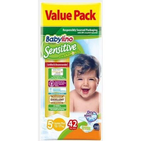 Babylino No.5+ Sensitive Cotton Soft with Chamomile Diapers with Sticker No. for 12-17kg 42pcs (5201263082634)