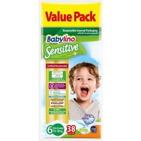 Babylino No.6 Sensitive Cotton Soft Diapers with Sticker for 13-18kg 38pcs (5201263826108)