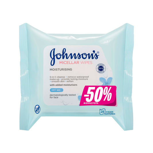 Johnson's Υγρά Μαντηλάκια Καθαρισμού Προσώπου Ξηρή Επιδερμίδα -50% (3574661665399)