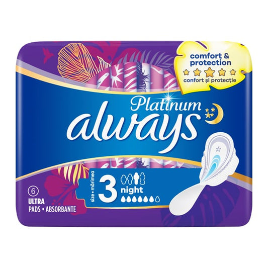 Always Ultra Platinum Ultra Night Size 3 Σερβιέτες με Φτερά 6 Τεμάχια 20τ (8001090445032)