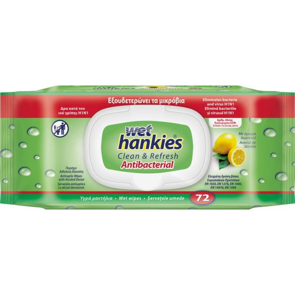 ΜΕΓΑ Wet Hankies Clean & Refresh Antibacterial Lemon 72τμχ 16τ (5201263007057)
