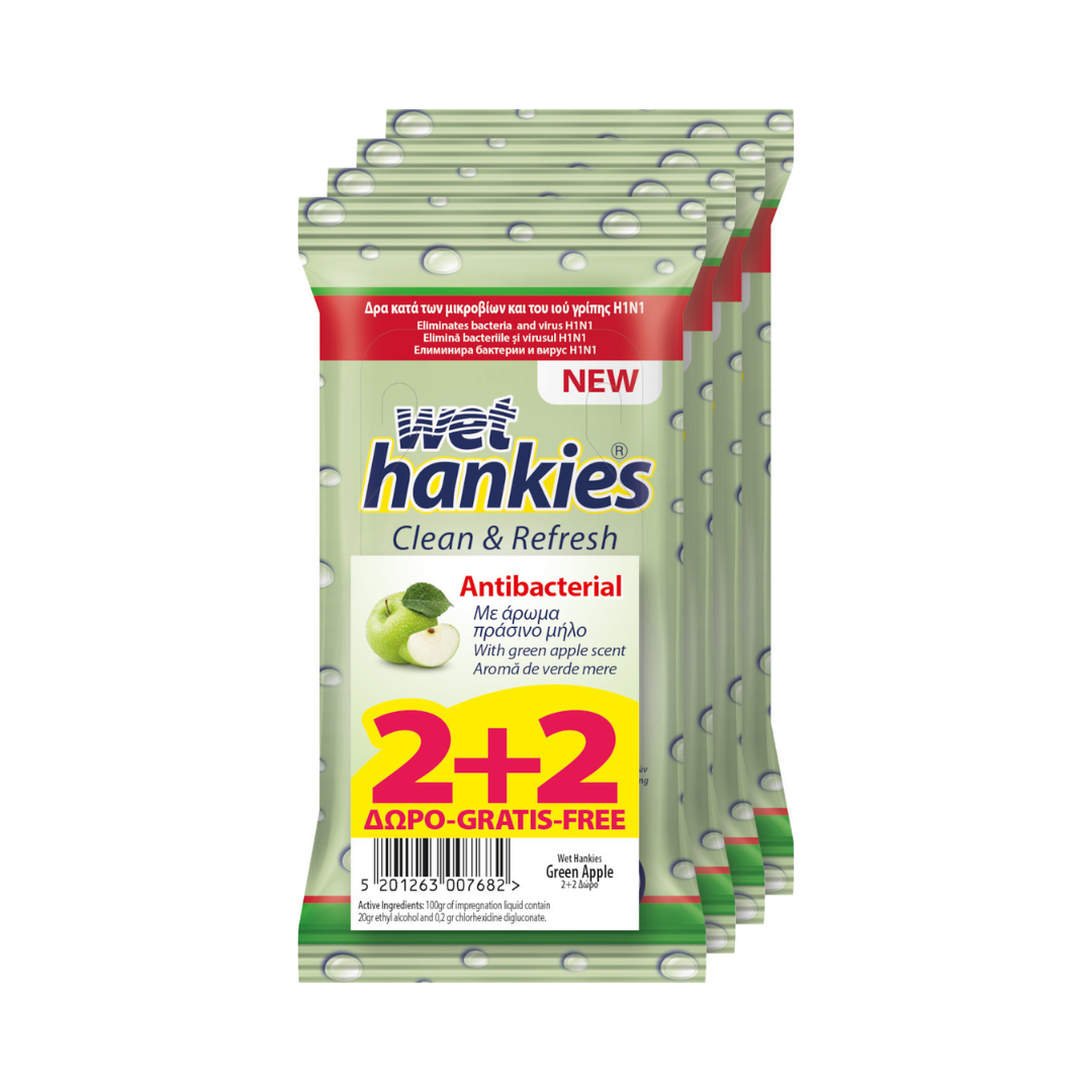 ΜΕΓΑ Wet Hankies Clean & Refresh Antibacterial Green Apple 2 & 2 Δώρο 60τμχ 24σ (5201263007682)