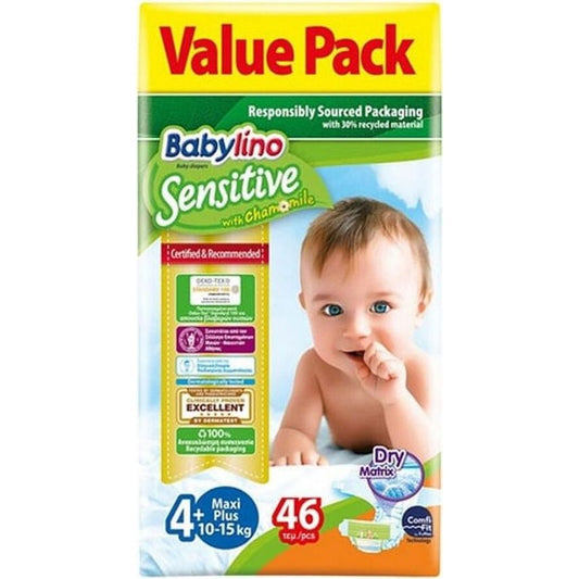 Babylino No.4+ Sensitive with Chamomile Diapers with Sticker for 10-15kg 46pcs (5201263082597)