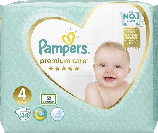 Pampers Premium Care Diapers 34pcs with Sticker No. 4 for 9-14kg (8001090379368)