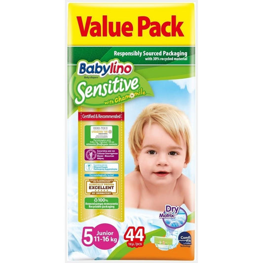 Babylino No.5 Sensitive Diapers with Sticker for 11-16kg 44pcs (5201263082603)