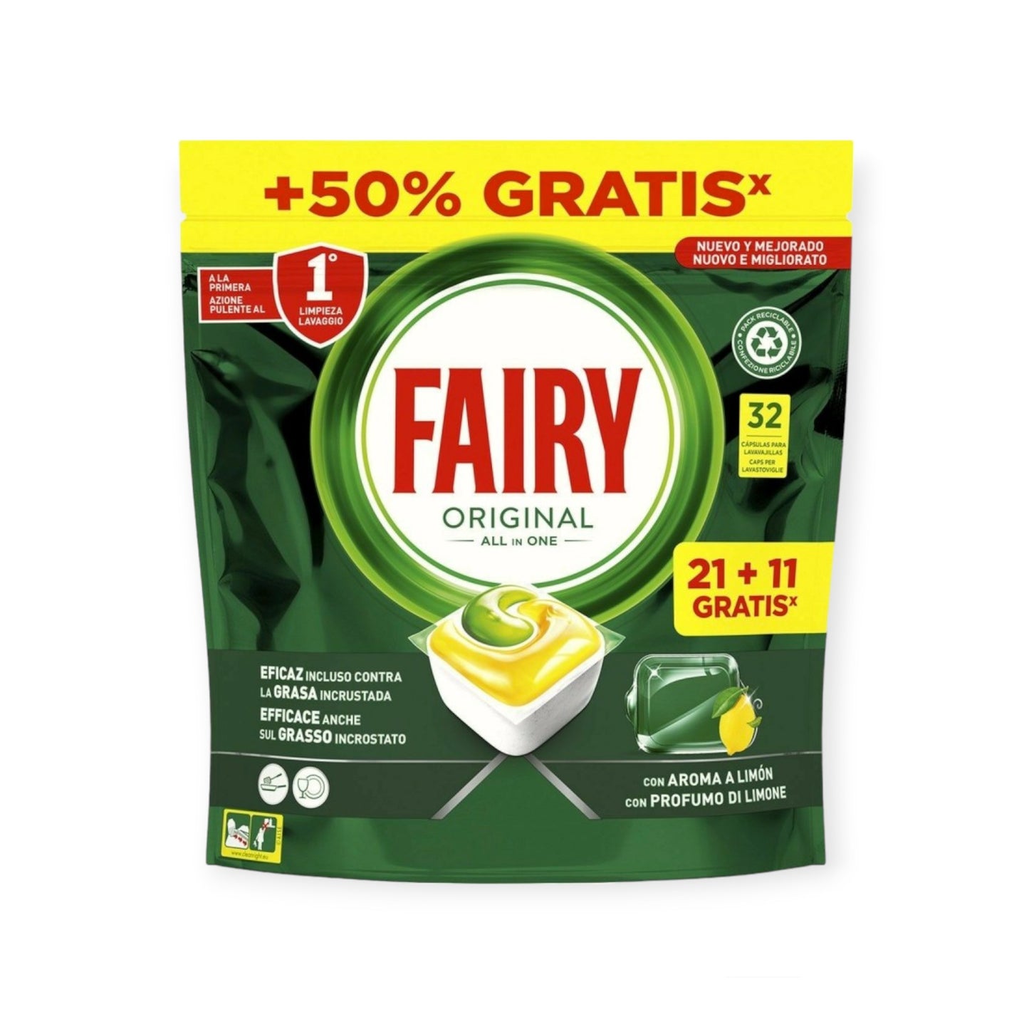 Fairy Original All in One 32 Κάψουλες Πλυντηρίου Πιάτων με Άρωμα Λεμόνι 5τ (8006540763230)