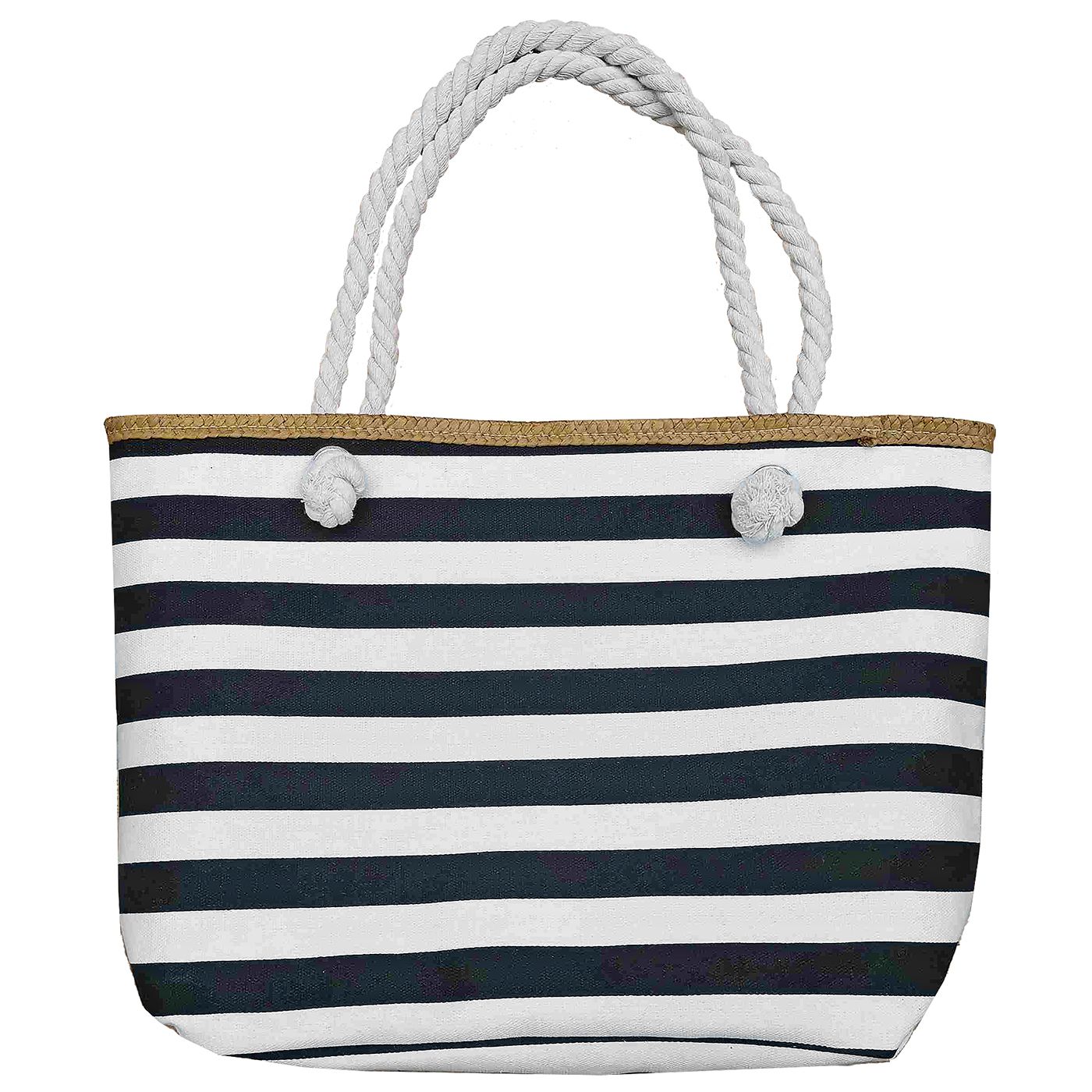 Black and White Beach Bag with Straw 50x37x13cm